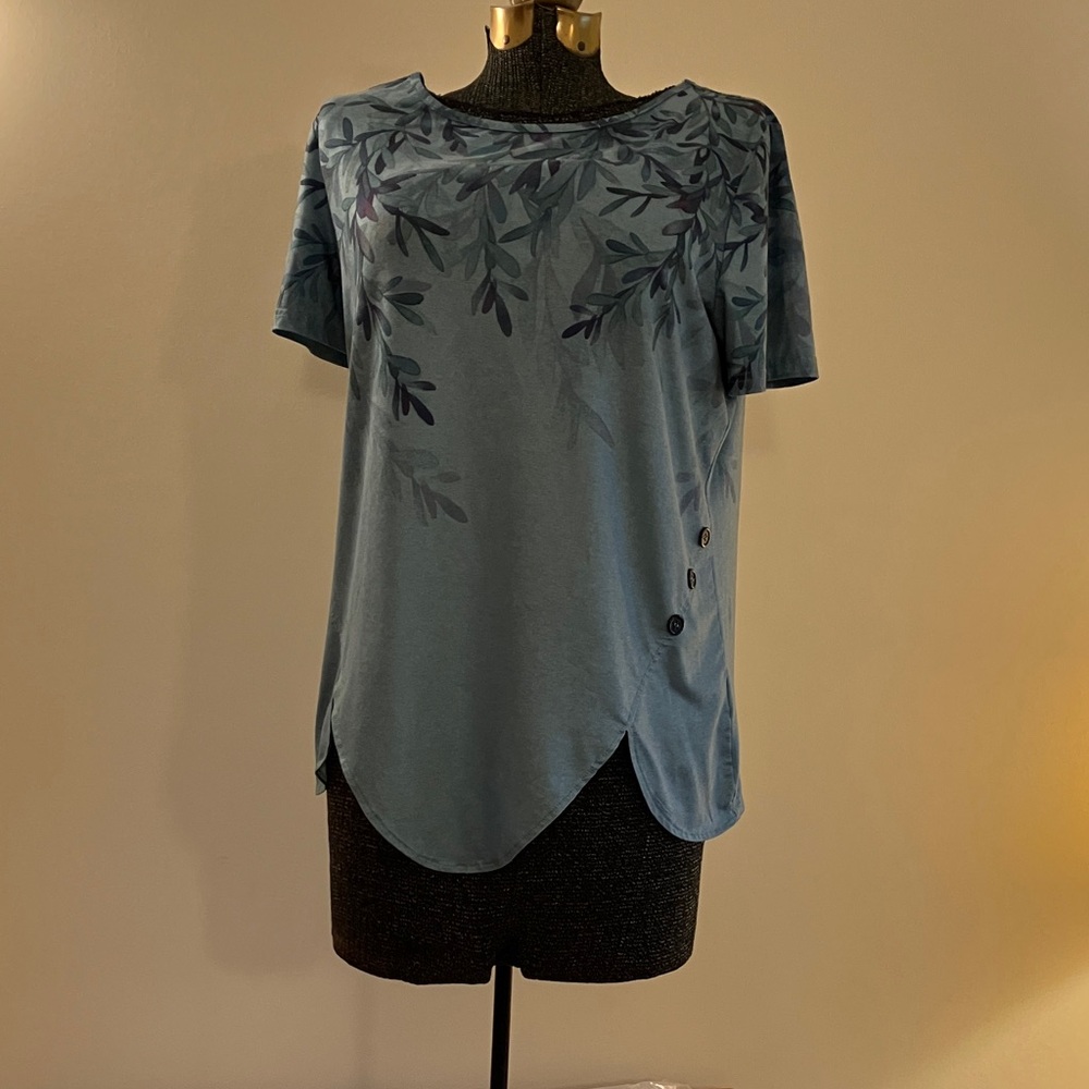 Elegant Blue Leaf Pattern Short Sleeve Top